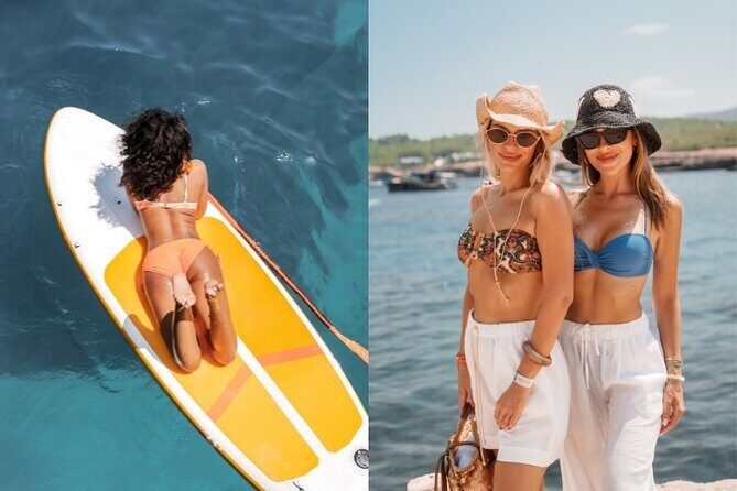 5 Hour Adults Ibiza Boat Trip + lunch, 6 drinks, SUP Boards & DJ - Cala Bassa swim stop: where SUP and snorkeling come alive